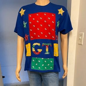 BLUE T SHIRT PIECES OF BANDANNA ON IT LARGE 42-44 GENUINE THREADZ HOMEMADE
